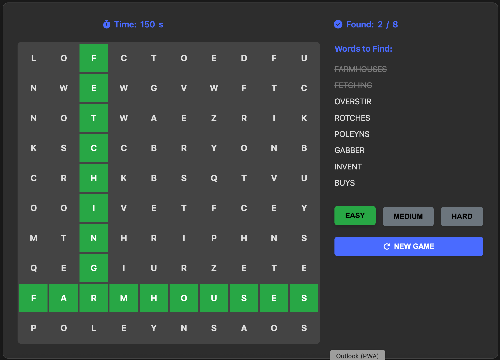 A screenshot of the Word Search game in action, showing a grid of letters and a list of words to find.