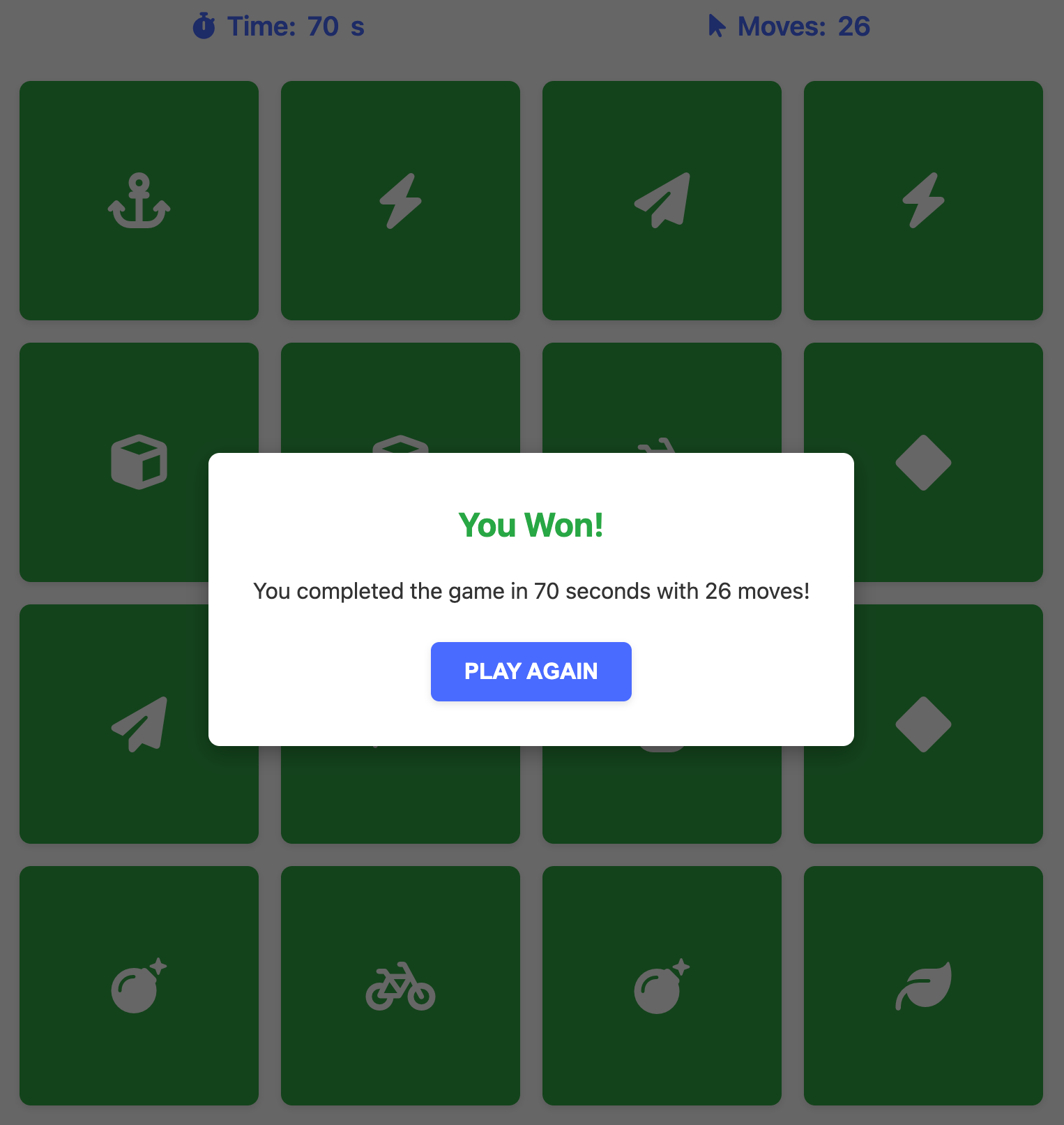A screenshot of the Memory Match game board in action.